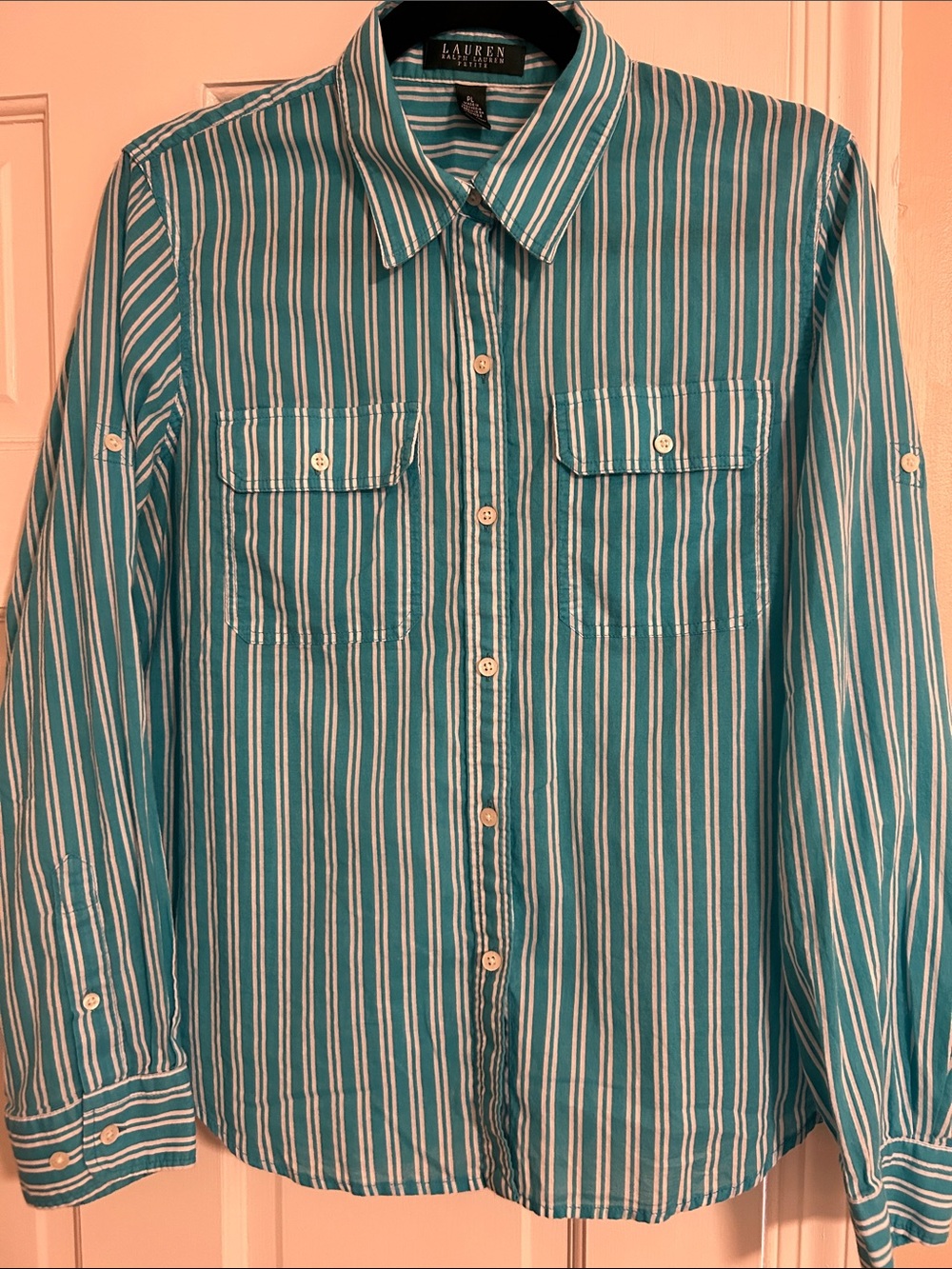 Lauren Ralph Lauren Teal & White Striped Button-Down Shirt Size PL